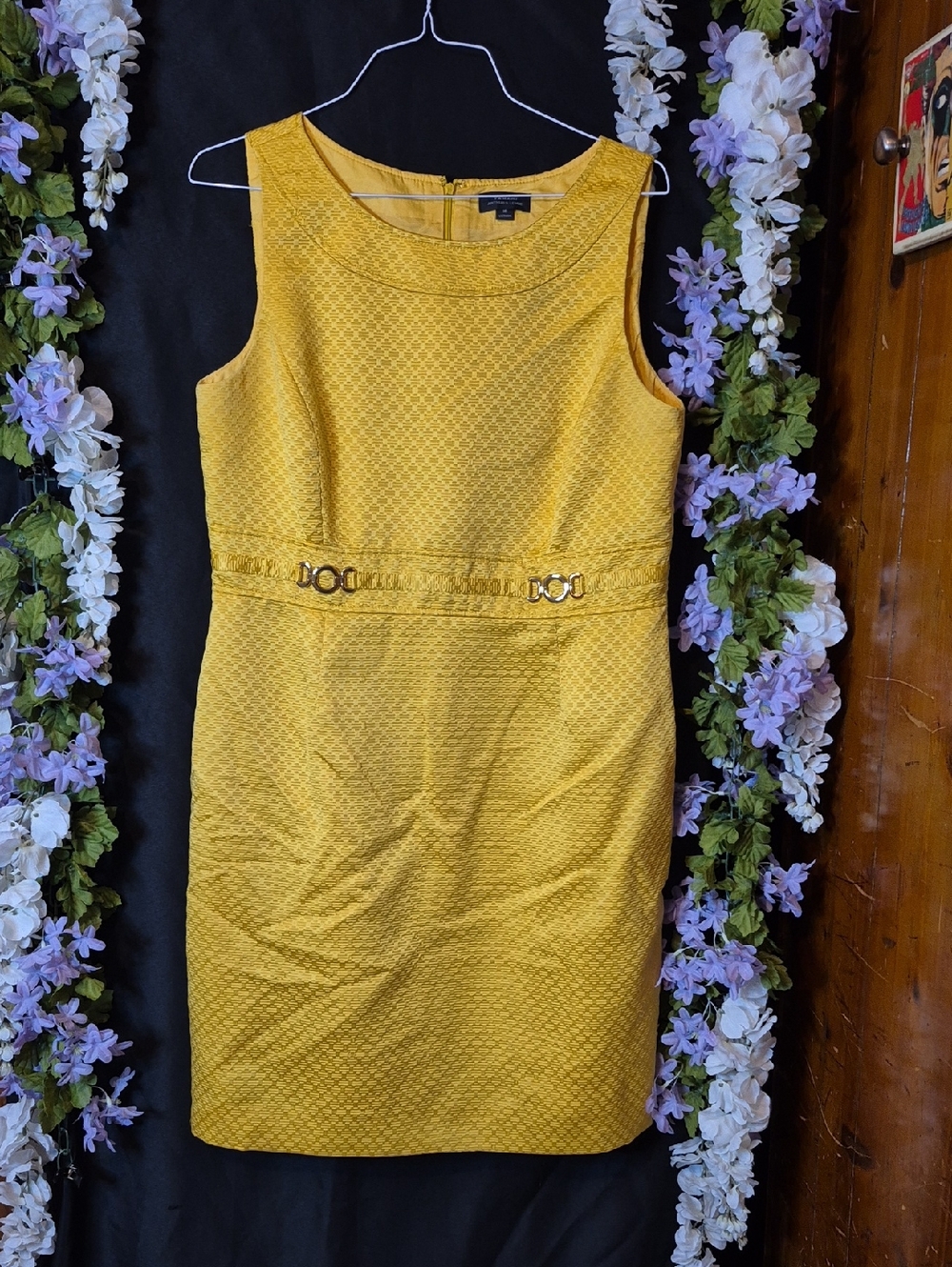 Tahari Mustard Yellow Textured Sleeveless Sheath Dress with Waist Accent